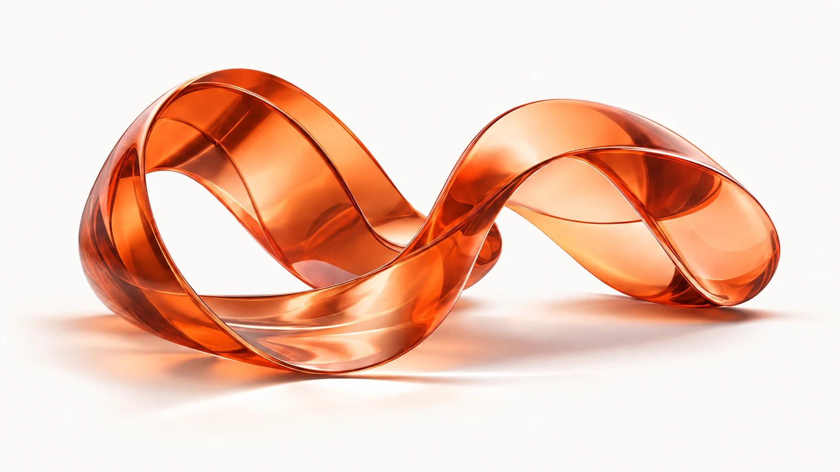 En gennemskinnelig orange glasskulptur, der folder sig som en tidslinje i bevægelse.